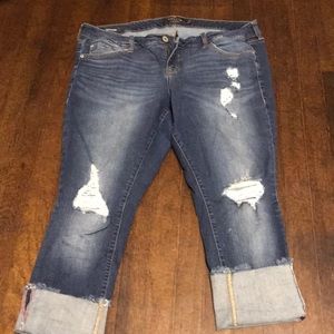 Dark wash, boyfriend style jean with distressing